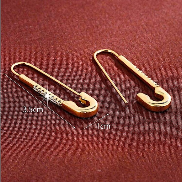 Gold Plated Zircon Safety Pin Earrings, Minimalist, Punk, Gift For Teenager - Picture 4 of 9